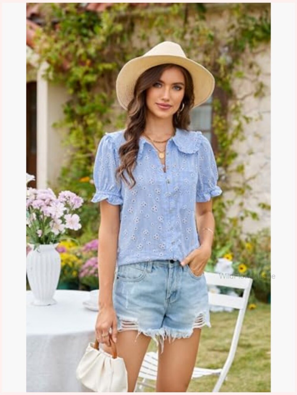 Peter Pan Collar Frilled Short Sleeve Blouse - Casual Cotton Button Up Top - Picture 6 of 7